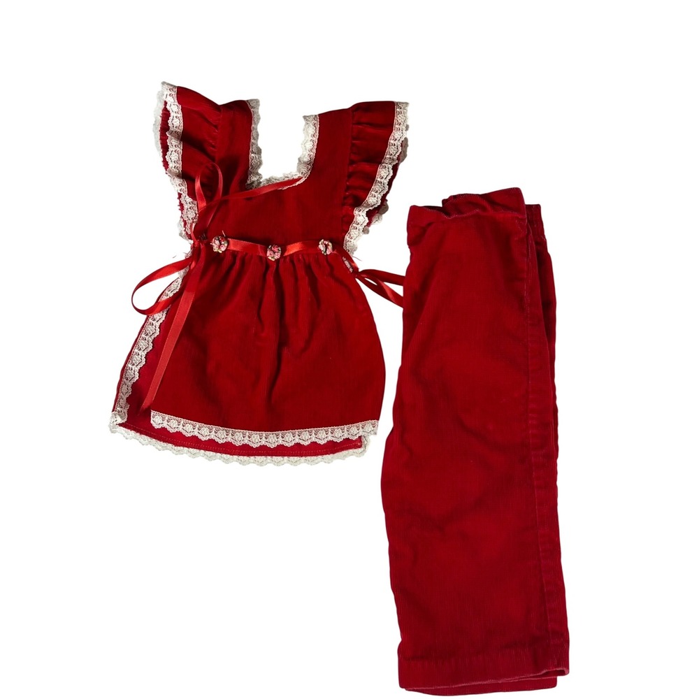 Vintage Red Corduroy Pinafore and Pants Set Lace Trim‎ Rose Detail Infant 18M